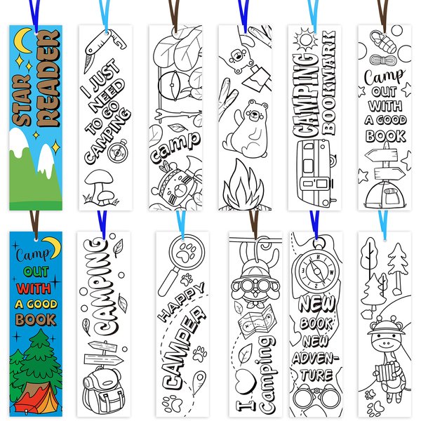 ANGOLIO Camping Party Coloring Bookmarks - 150P Color Own Camp Bookmarks Kids DIY Blank Bookmarks Party Game Prize Art Craft Big Pack Supplies Back to School Book Fillers Classroom Read Club Rewards