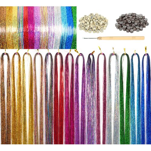 LyoRuSi Hair Tinsel Kit, Fairy Tinsel Hair Extensions With Tool 5250 Strands 14 Colors Glitter Hair Tinsel Kit Heat Resistant Accessories for Girls Women Kids (48 Inch)