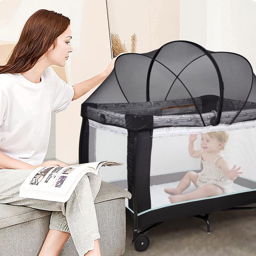 Beberoad Love Pack N Play Tent Cover Mosquito Net with 2-Way Zipper for Travel Crib/Playpen (Black)