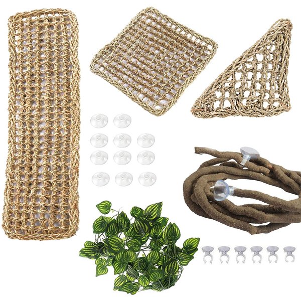 PINVNBY Bearded Dragon Hammock Lizard Natural Seagrass Habitat Reptile Tank Accessories Jungle Climber Vines Flexible Leaves Decor for Climbing Chameleon Hermit Crabs Gecko Snakes
