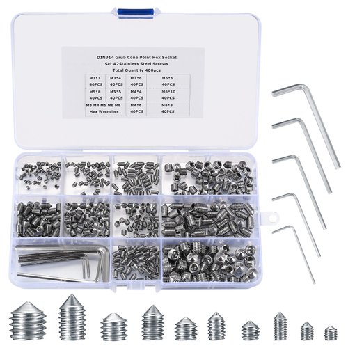 400 Pcs Set Screw Assortment Kit, Hex Allen Head Socket Cup Point Screws Set, Metric M3/M4/M5/M6/M8 nternal Hex Drive Grub Set Screws for Door Handles, Bathroom Fixture, with Hex Wrenches