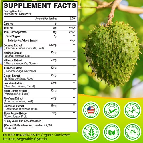 Soursop Bitters Liquid 880MG, Soursop Multivitamin Drops with Leaf Extract & Sea Moss, for Cell Support & Regeneration, Immunity, Liver, Gut, Zzz, Skin & Antioxidant | 2.8 Fl Oz - 80 Days Supply