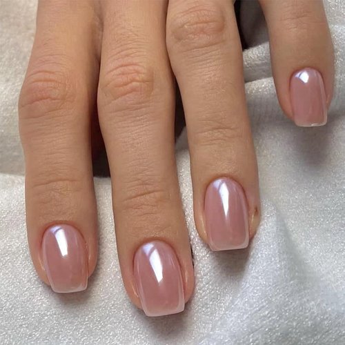 Bellelfin Short Press on Nails Square Pink Chrome Powder Design Fake Nails UV Gel Cover False Nails Reusable Acrylic Glue on Nails 24Pcs Stick on Nails for Women Girls Fingernails Decor