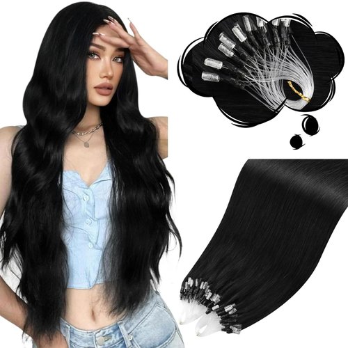 Moresoo Micro Bead Hair Extensions Real Human Hair Jet Black Microlink Hair Extensions Human Hair Black Micro Link Hair Extensions Human Hair Micro Bead Hair Extensions Jet Black 50G/50S 18 Inch