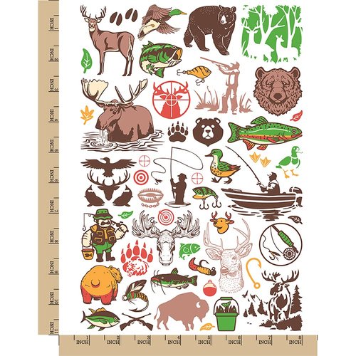 Outdoors Animals Hunting and Fishing Temporary Tattoo Water Resistant Fake Body Art Set Collection - Color (One Sheet)