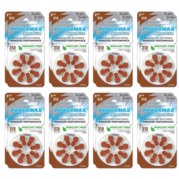 Powermax USA Size 312 Hearing Aid Batteries, Brown Tab, 128 Count