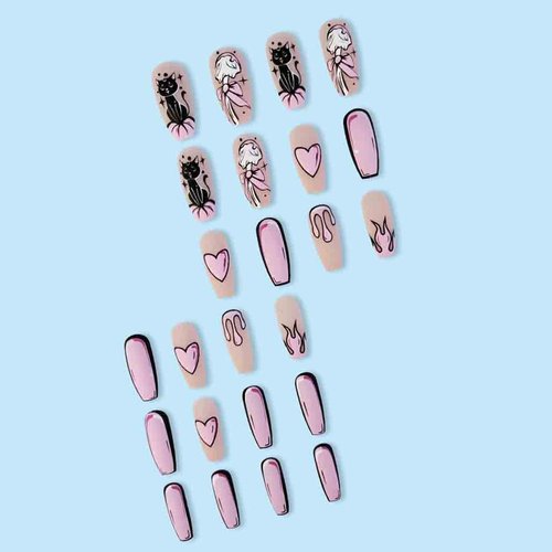 Foccna Comic Pink Press on Nails Extra Long, Acrylic Fake Nails Coffin Cartoon LOVE Design False Nails,Artificial Nails for Women and Girls, 24 pcs