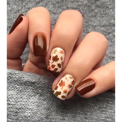 Morily Fall Press on Nails Short Square, Dark Red Fake Nails with Maple Leaf Designs Acrylic False Nails Autumn Artificial Nails Reusable Glossy Full Cover Stick on Nails for Women 24Pcs