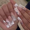 RikView French Tip Nails Square Press on Nails Long Fake Nails with 3D Flowers White Nails Glossy Stick on Nails 24 PCS