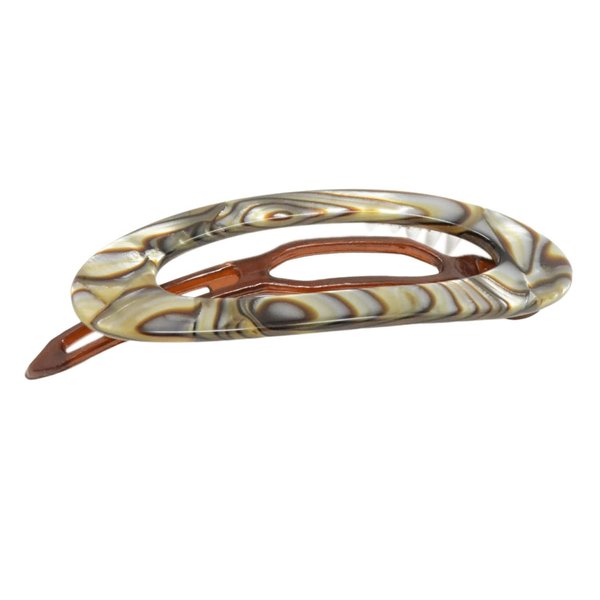 French Amie Oval Cut Out Small 2.5” Celluloid Handmade Side Slide-in Barrette Clip Strong Hold No Slip Grip Durable Women Hair Accessories, Made in France (Silver Onyx Gray)