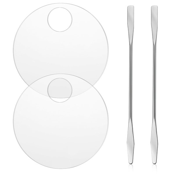 2PCS Makeup Mixing Palette with 2PCS Metal Spatula, Mixing Pigment Palette, Round White Clear Foundation Palette for Make up Eyeshadow Liquid Foundation Cosmetic Nail-Art Pigment Mixing Color