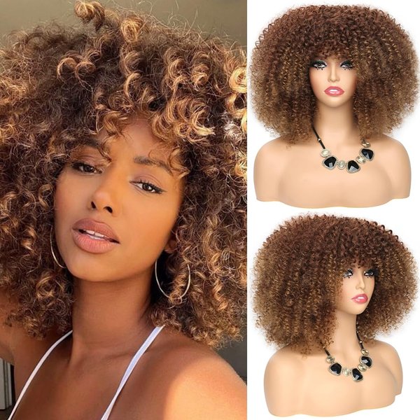 Mtmei hair Short Afro Curly Wig with Bangs Natural Curly Wigs 16Inch 290G T33/27 Hair Arukihair Wig Kinky Curly Wigs Synthetic Hair for Women(16Inch，T33/27)