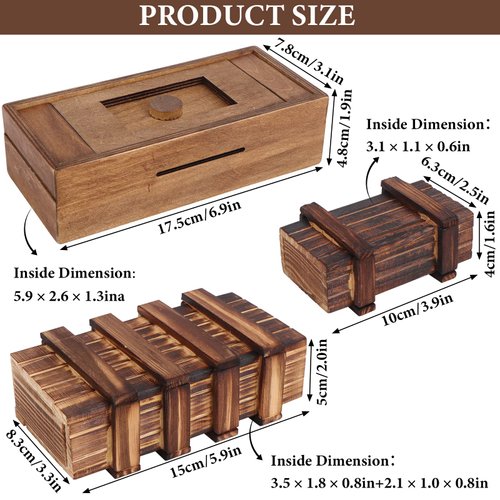 Puzzle Box 3 Pack Wooden Secret Puzzle Box with Hidden Compartment 3D Brain Teaser Magic Drawers Secret Magic Box Wooden Box Puzzle Case Difficult Puzzle Box Gift Card Puzzle Box for Adults and Kids