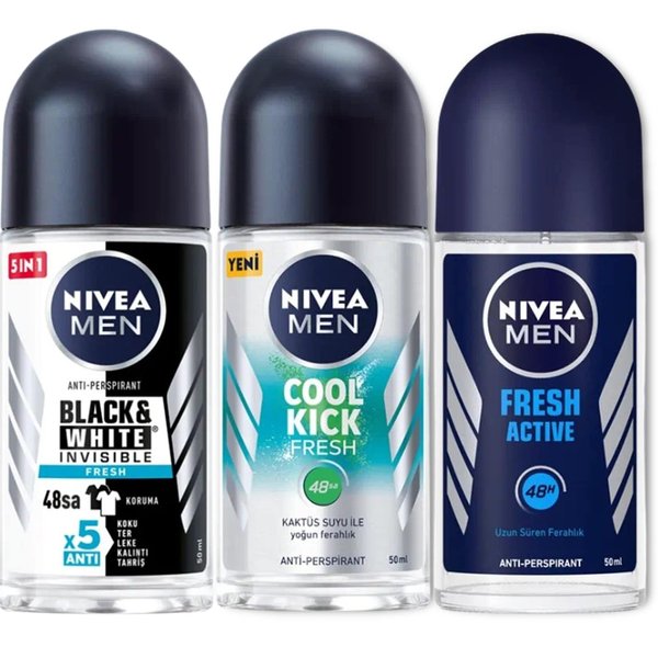 Nivea Cool Kick Fresh, Black&White Fresh Men, Fresh Active Roll On Deodorant, Antiperspirant Deodorant, 48 Hours, 1.7 OZ, Pack of 3