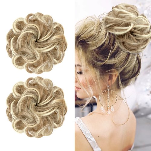 LAOTIDui Fake Hair Bun,Hair Scrunchies,2pcs Curly Bun,Hair Extensions,Messy Hair Bun,Synthetic Hair,Hair Accessories for Thin Hair,Bun Hair Pieces for Women,Girls (Dirty Blonde)