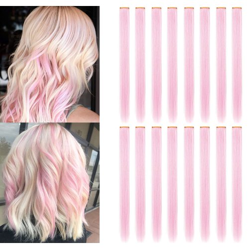 SARARHY 16 PCS Colored Hair Extensions Clip in Holiday Party Highlights 21 inch Straight Synthetic Pink Hairpieces for Girls Women Girls Hair Accessories (Light Pink)