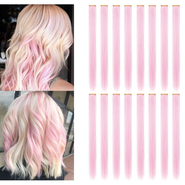 SARARHY 16 PCS Colored Hair Extensions Clip in Holiday Party Highlights 21 inch Straight Synthetic Pink Hairpieces for Girls Women Girls Hair Accessories (Light Pink)