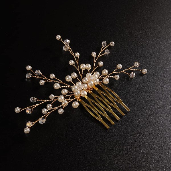JWICOS Bride Pearl Wedding Hair Comb Bridal Side Comb Hair Clips Headpiece Wedding Hair Accessories for Women and Girls (Gold)