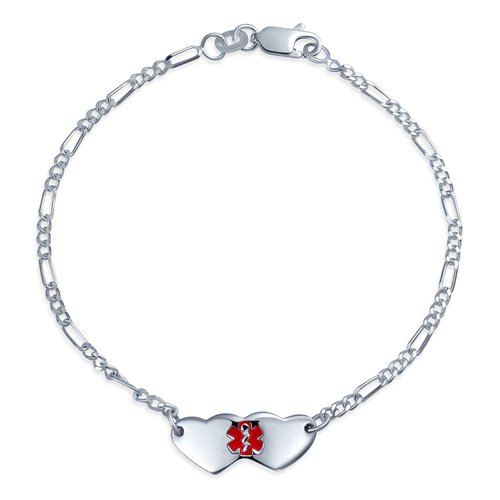 Blank Dainty Connected Double Heart Shape Medical Identification Engravable Medical ID Bracelet For Women Teens .925 Sterling Silver Small Wrist 7 Inch