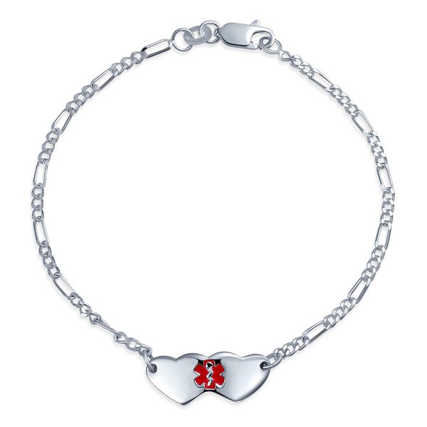 Blank Dainty Connected Double Heart Shape Medical Identification Engravable Medical ID Bracelet For Women Teens .925 Sterling Silver Small Wrist 7 Inch