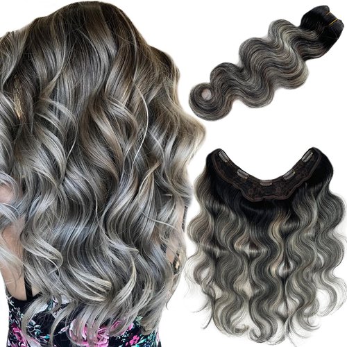 Balayage One Piece Clip in Hair Extensions Real Human Hair, 18” Body Wave Human Hair Clip in Extensions for Women Natural Black to Grey Remy Hair Extensions Clip in Human Hair Clip ins Hair Weft 80G