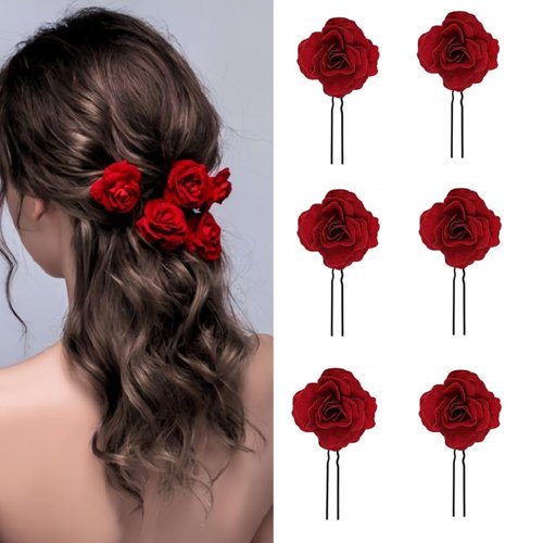 6pcs Small Red Rose Hair Clip,U Shaped Hair Accessories for Women Vintage Rose Flower Hair Clips Bridal Hair Pieces for Bridal Hair Pieces Wedding Birthday Party Beach