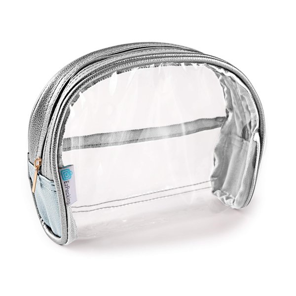 Half Moon Bag / Clear Cosmetic Pouch for Purse / Transparent TSA Compliant Clear Quart Bag for Travel / See-Through Clutch or Handbag for Makeup / Made From Vegan Leather, Vinyl PVC & Suede (Silver)