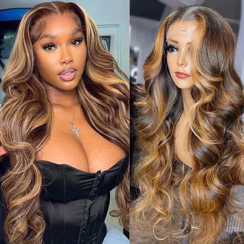 4/27 Brown Honey Blonde Highlight Ombre Lace Front Wigs Human Hair T Part HD Transparent Lace Body Wave Wigs 180% Density Brazilian Human Hair Brown Mix Golden Colored Wigs for Women(18 Inch)