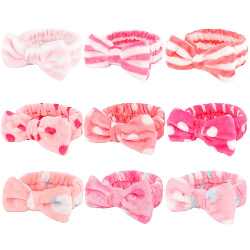 WHAVEL 9 Pack Pink Spa Headband for Washing Face, Makeup Headband Skincare Headbands Face Wash Headband Fluffy Hair Band for Washing Face (B. Pink pattern)