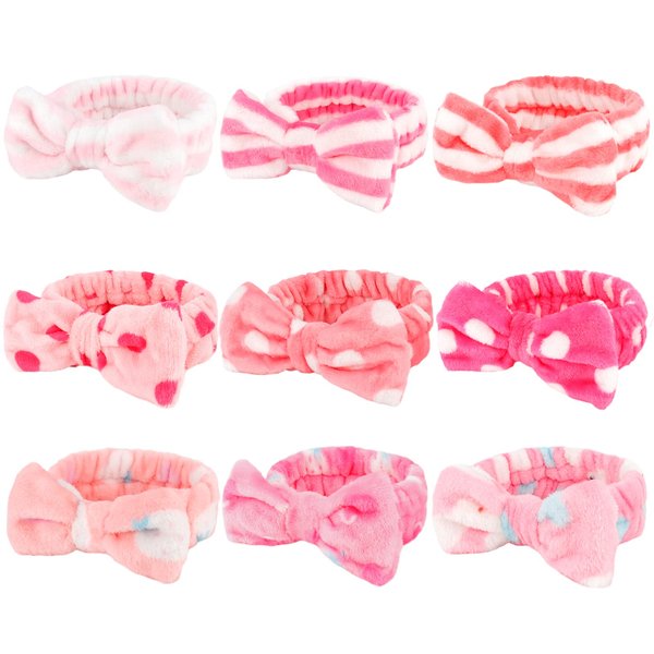 WHAVEL 9 Pack Pink Spa Headband for Washing Face, Makeup Headband Skincare Headbands Face Wash Headband Fluffy Hair Band for Washing Face (B. Pink pattern)