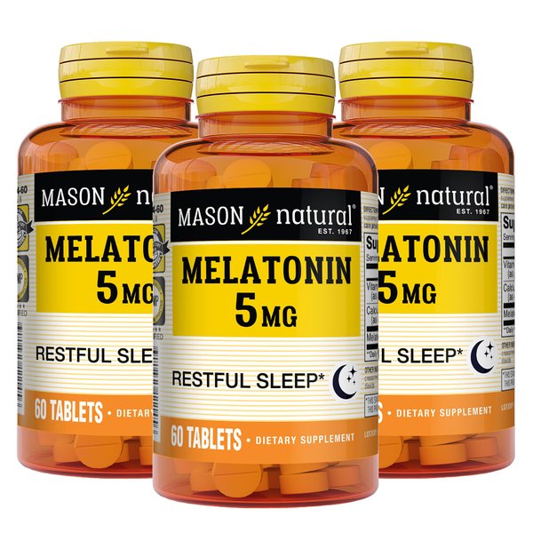 Mason Natural Melatonin 5 mg with B6 and Calcium - Natural Sleep Aid, Supports Healthy Sleep & Rest, 60 Tablets (Pack of 3)