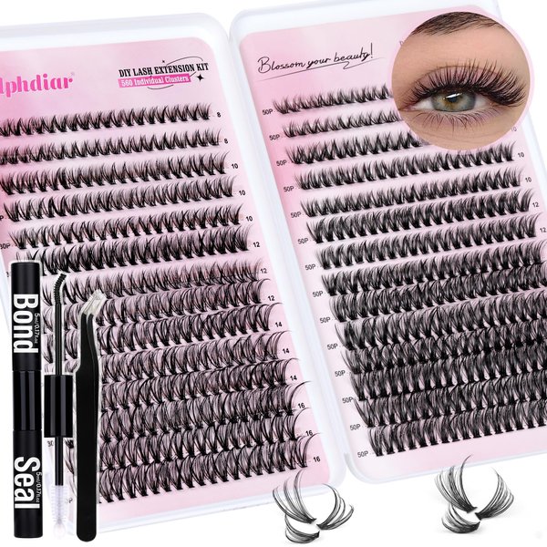 Lash Extension Kit 30D&50D Eyelash Extension Kit D Curl Lash Clusters Kit with Lash Bond and Seal 560 Pcs Natural Lashes Extension Kit with Lash Tweezers by Calphdiar (30D+50D-D-8-16MIX KIT)