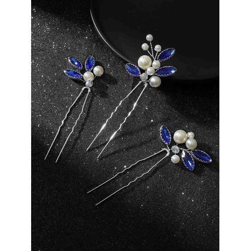 Latious Bride Wedding Hair Pins Pearl Bridal Hair Piece Blue Crystal Hair Clips Rhinestones Hair Accessories for Women and Girls (Pack of 3) (Silver)