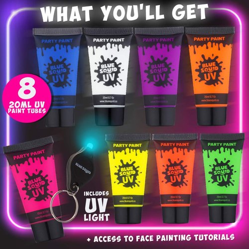 Blue Squid UV Body Paint, Blacklight Glow Makeup Kit, Fluorescent Face Paints, 8 Neon Body Paint Colors, Mini UV light, Neon Body Paints Adults & Kids