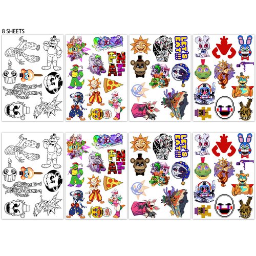Pounchi Horror FNAF Temporary Tattoos (8 Sheets) Gifts Halloween Decor Cosplay Waterproof Temporary Tattoos Cartoon Stickers Party Favors Supplies for Teens Kids