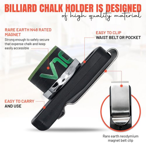 Cru5h Billiards Magnetic Chalk Holder Belt Clip - Rare Earth Neodymium Magnet Belt Clip with Metal Chalk Holders - Circle, Hexagon, Octagon, and Square Included