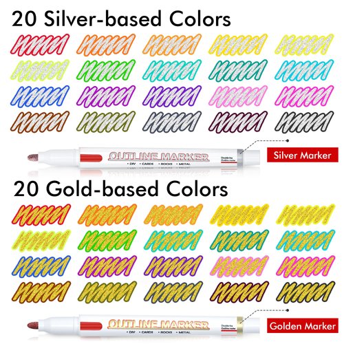 Shuttle Art 40 Pack Double Line Outline Permanent Markers, 20 Silver and 20 Gold Colors Squiggles Shimmer Markers Set, Self Outline Metallic Marker Pens for Drawing, Christmas Card, DIY Crafts