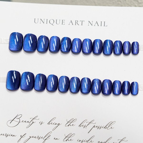 Short Press on Nails Indigo Fake Nails Medium Square False Nails with Shiny Designs Solid Color Designs Glue on Nails Blue Stick on Nails Full Cover Glossy Cute Acrylic Nails Winter Artificial Nails