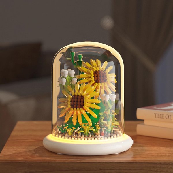 IMAKARA Artificial Flowers Small Flower Bouquet Sunflower Building Set Dust Cover with LED Gift for Her Women Mom Home Room Office Desk Decor