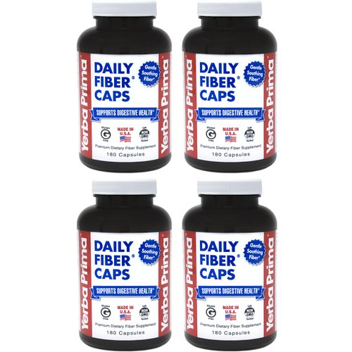 Yerba Prima Daily Fiber Caps - 180 Capsules, (Pack of 4) - Soluble & Insoluble Dietary Fiber Supplement - Colon Cleanse - Gut Health - Vegan, Non-GMO, Gluten-Free