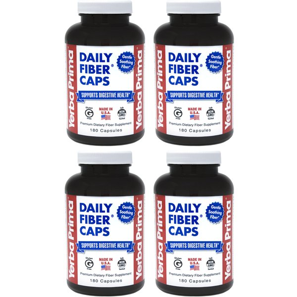 Yerba Prima Daily Fiber Caps - 180 Capsules, (Pack of 4) - Soluble & Insoluble Dietary Fiber Supplement - Colon Cleanse - Gut Health - Vegan, Non-GMO, Gluten-Free