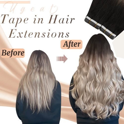Ugeat 24inch Tape in Human Hair Extensions Ombre Tape in Hair Extensions Real Human Hair Black Ombre Ash Blonde Mix Platinum Blonde Balayage Invisible Tape in Extensions for Women 20Pcs 50G