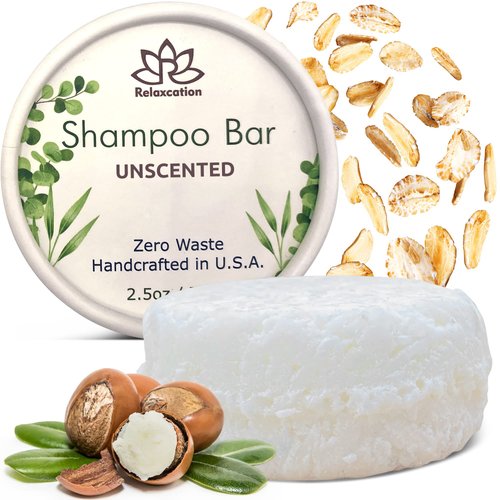 Relaxcation Organic Unscented SOLID Shampoo Bar for Damaged Hair with Shea Butter, Colloidal Oatmeal, Coconut Oil, Cocoa Butter, Jojoba Oil, Argan Oil for Normal and Sensitive Skin - Handmade in USA
