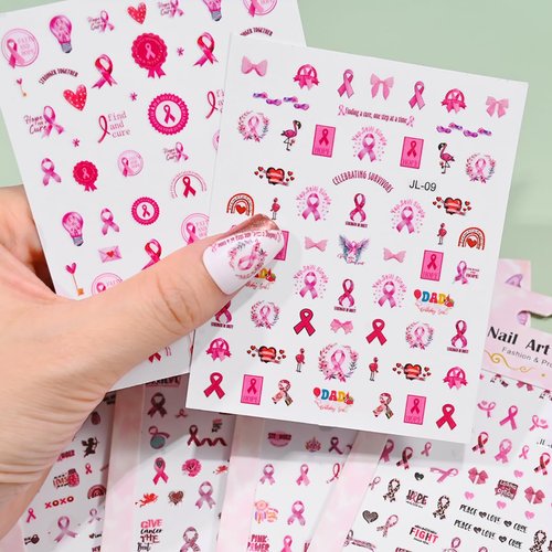 6 Sheets Breast Cancer Nail Stickers Pink Ribbon 3D Self-Adhesive Nail Decals Breast Cancer Awareness Pink Ribbon Nail Stickers Pink Heart Ribbon Nail Decals for Women Girls DIY Manicure Decoration