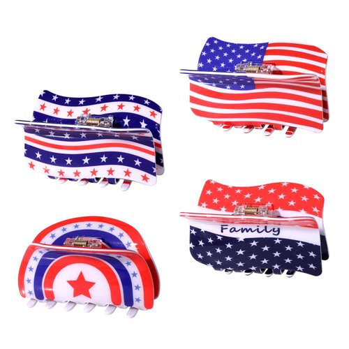 vokone Hair Claw Clips for Women USA Flag Star Red White Blue Claw Clip Hair Grip Stronger Holder for Thick Hair 4 Pack USA Flag