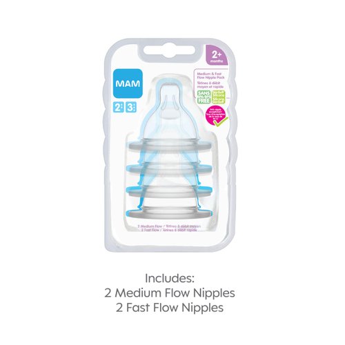 MAM Bottle Nipples Mixed Flow Pack - Medium Flow Nipple Level 2 and Fast Flow Nipple Level 3, for Newborns and Older, SkinSoft Silicone Nipples for Baby Bottles, Fits All MAM Bottles, 4 Pack