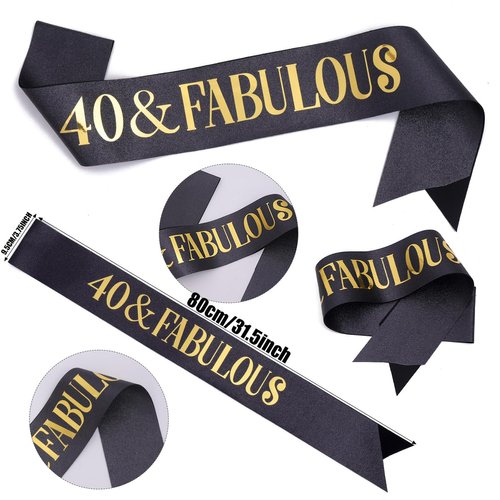 Black Gold "40 & Fabulous"Sash & Rhinestone Tiara Set, 40th Birthday Gifts for Women, Birthday Sash/Tiara for Women's 40th Birthday Party Decoration (Black 40th)