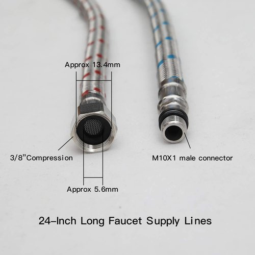Bathfinesse Flexible Connector Braided Stainless Steel Bathroom Faucet Supply Lines Bathroom Kitchen Faucet Hose 24" Length 3/8-Inch Female Compression Thread x M10 Male Connector x 2 Pcs (1 Pair)