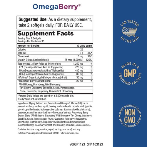 Purity Products OmegaBerry Fish Oil with Vitamin D3 and Organic Acai - 1250mg Concentrated Molecularly Distilled Ultra Pure Omega-3 Fish Oil, 500mg DHA + 650mg EPA - 60 Soft Gels - 30 Day Supply from