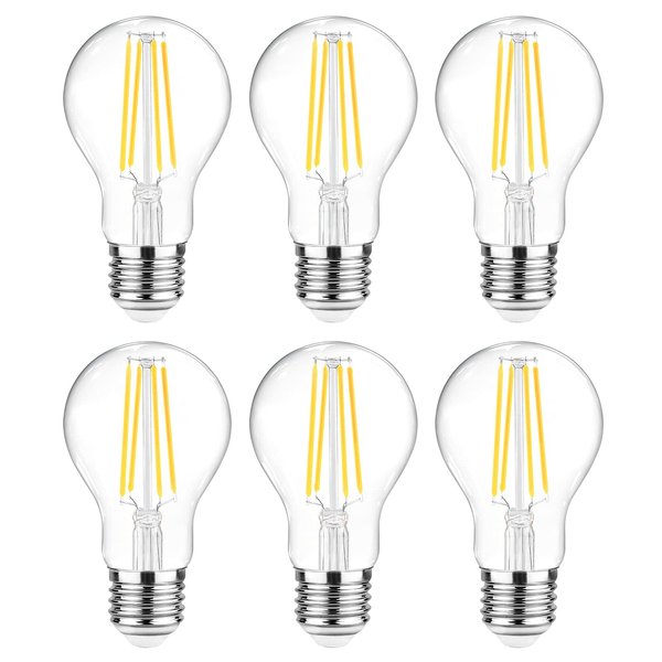 Ascher 60 Watt Equivalent, E26 LED Filament Light Bulbs, Daylight White 4000K, Non-Dimmable, Classic Clear Glass, A19 Light Bulb with 80+ CRI, 6-Pack